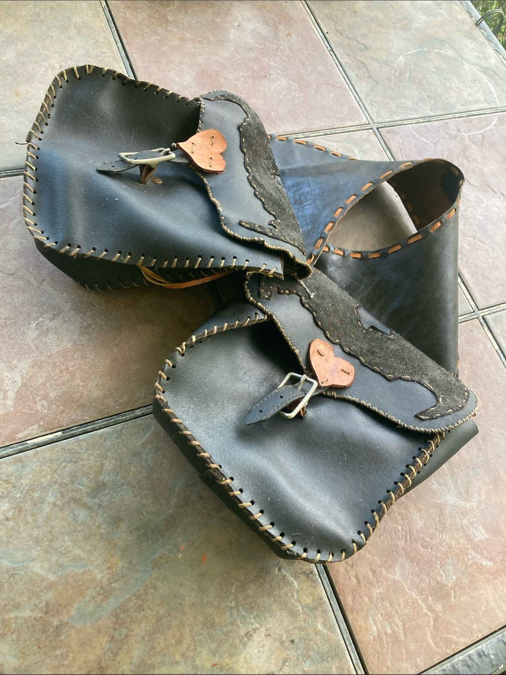 Hand Crafted Black Leather Double Saddle Bags with Brown Accents
